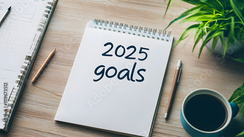 A spiral notebook labeled 2025 goals sits on a wooden desk surrounded by vibrant green plants, a coffee cup, and a pencil, symbolizing an organized and aspirational workspace photo