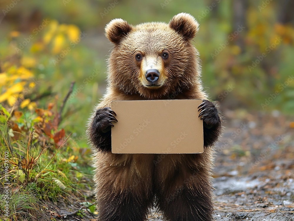 Obraz premium Friendly Bear Holding a Blank Cardboard Sign in Forest Clearing