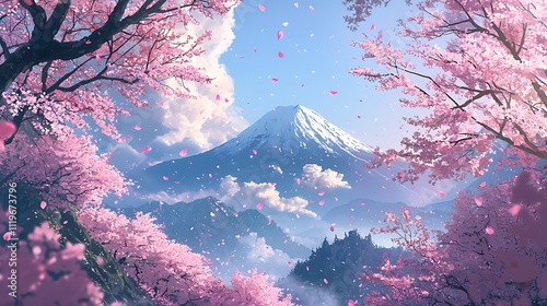 A beautiful mountain range with cherry blossoms in the foreground