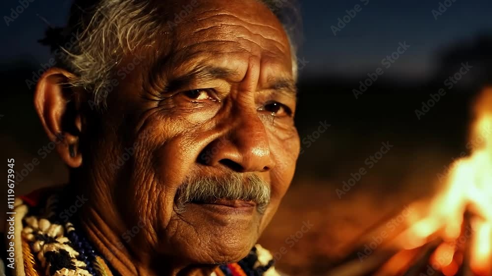 Elderly man by bonfire at twilight reflecting wisdom and heritage Elderly man by bonfire at twilight reflecting wisdom and heritage