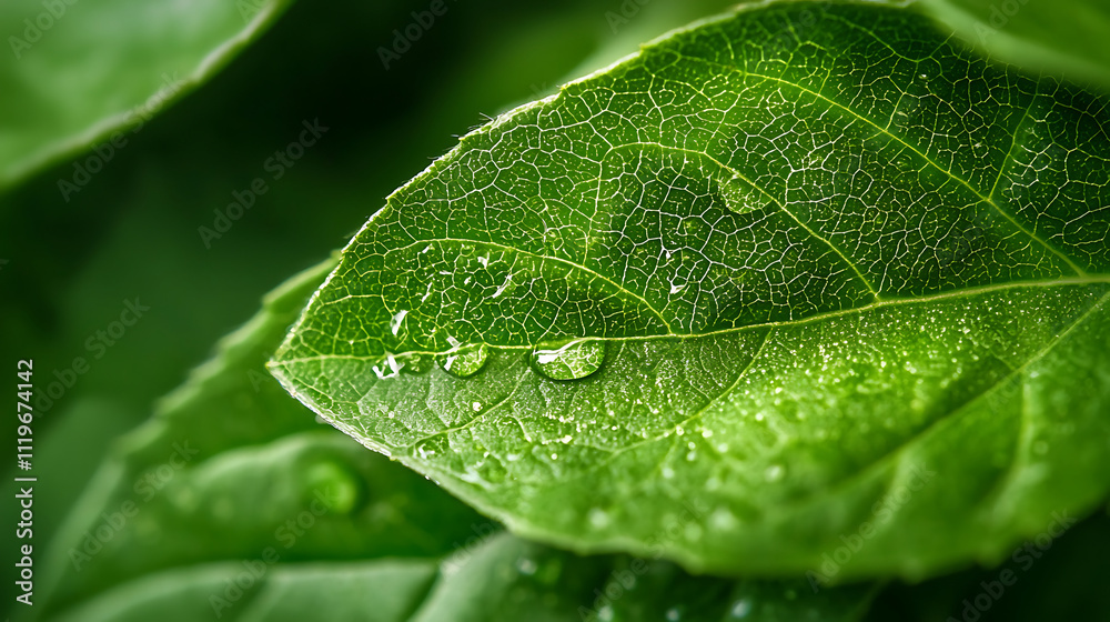 Close up of green leaf with water droplets showcasing its intricate texture and details. vibrant colors and natural beauty evoke sense of freshness and vitality Close up of green leaf with water droplets showcasing its intricate texture and details. vibrant colors and natural beauty evoke sense of freshness and vitality