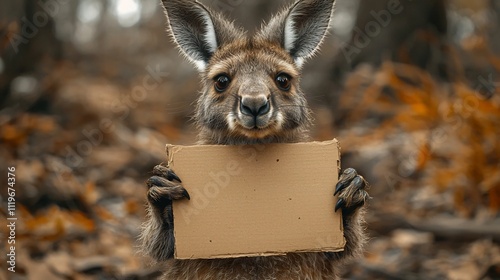 Kangaroo in Outback Holding Blank Cardboard Sign with Desert Landscape photo