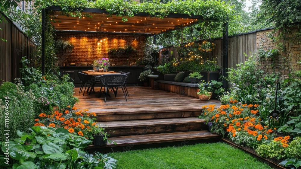 Obraz premium Modern garden patio with pergola, deck, and lush landscaping.