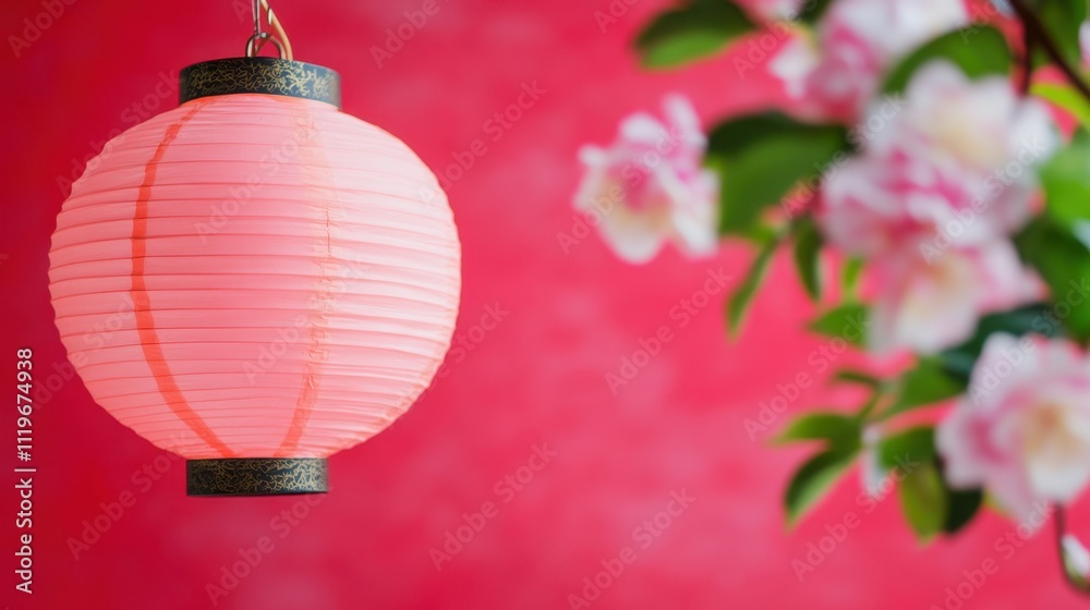 Obraz premium Delicate Pink Lantern Against Vibrant Red Background with Floral Accents