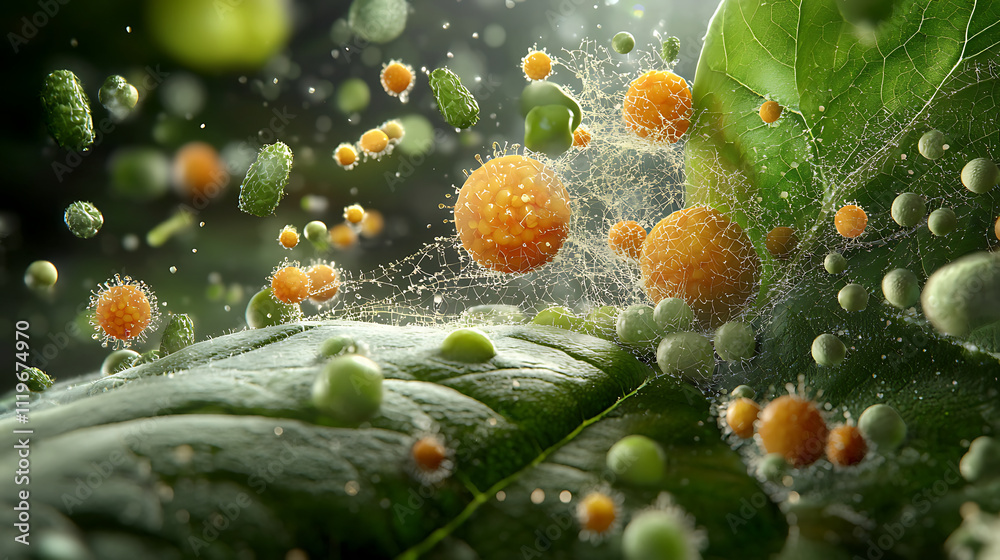 close up view of young leaf cells with vibrant microorganisms, showcasing rich ecosystem of bacteria and spores, highlighting nature intricate details and beauty close up view of young leaf cells with vibrant microorganisms, showcasing rich ecosystem of bacteria and spores, highlighting nature intricate details and beauty