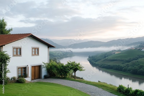 Tranquil riverside house surrounded by lush hills and serene waters at dawn