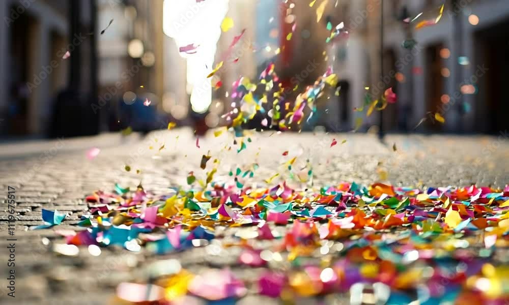 colorful confetti on carnival fallen on street animation