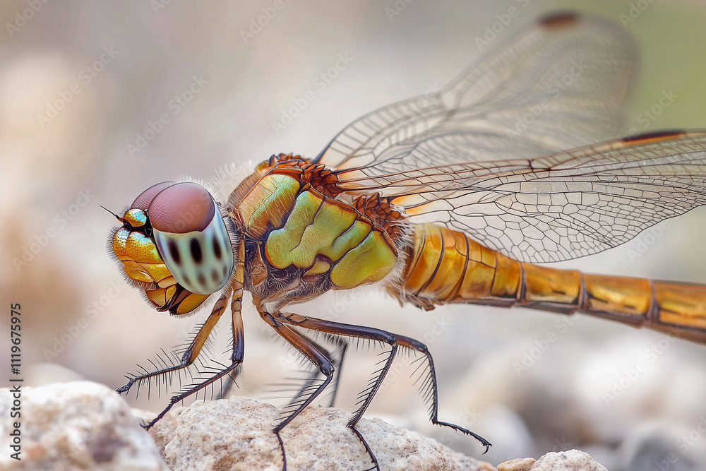 Dragonfly perched on stones with intricate colors in a natural setting Dragonfly perched on stones with intricate colors in a natural setting