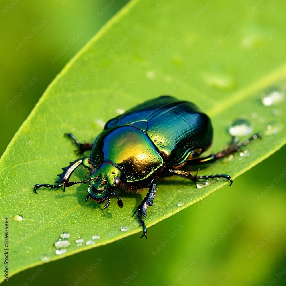 An African beetle with a luminous shell perched on a rain-kissed leaf under bright sunlight An African beetle with a luminous shell perched on a rain-kissed leaf under bright sunlight