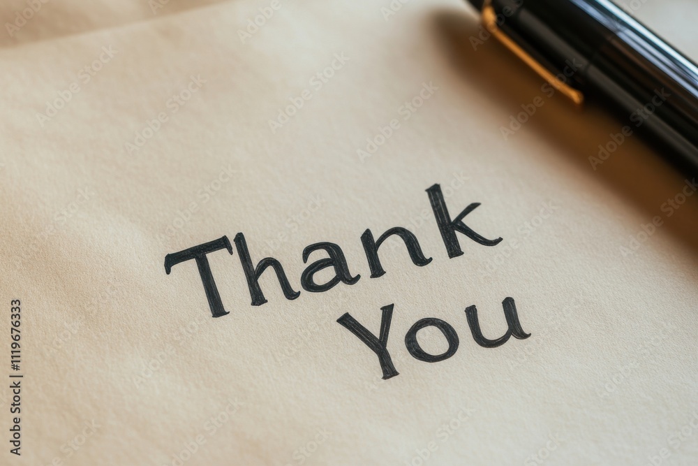 A pen is busily writing the phrase thank you on a piece of paper A pen is busily writing the phrase thank you on a piece of paper