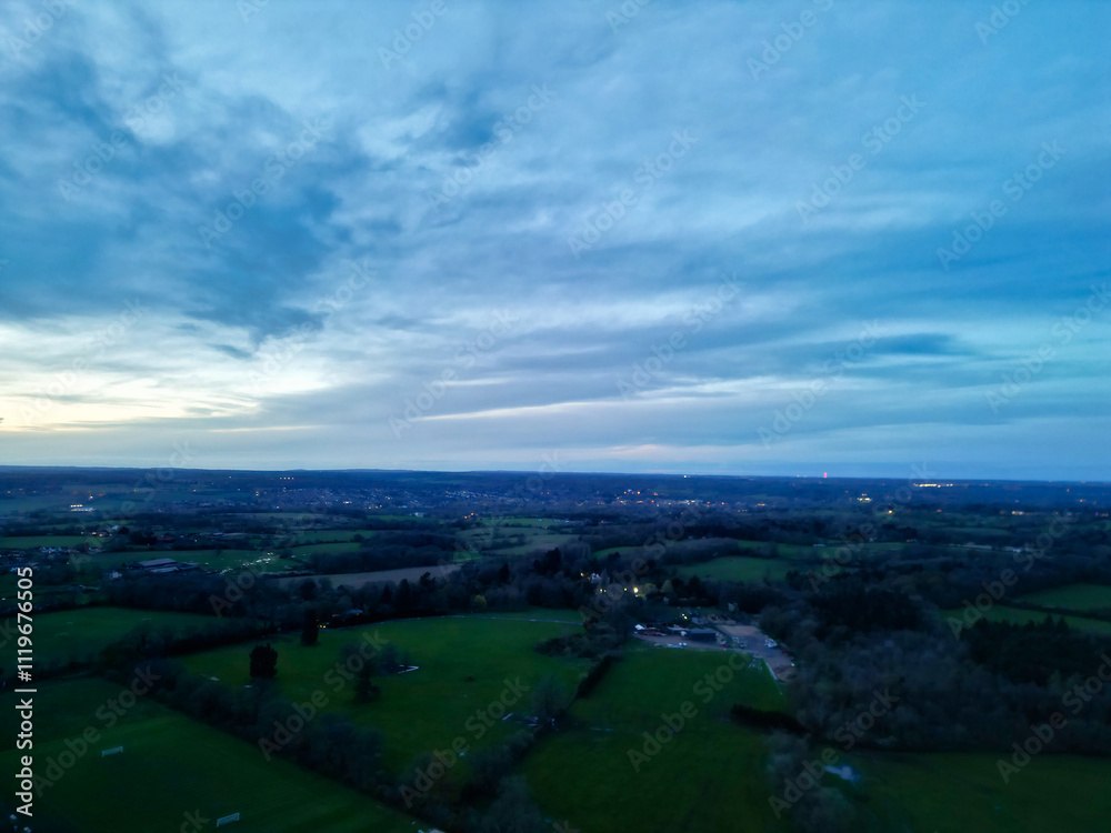 High Angle View of Harefield Town London, Uxbridge, England, United Kingdom During Sunset. Aerial Footage Was Captured with Drone's Camera from Medium High Altitude on April 3rd, 2024 High Angle View of Harefield Town London, Uxbridge, England, United Kingdom During Sunset. Aerial Footage Was Captured with Drone's Camera from Medium High Altitude on April 3rd, 2024