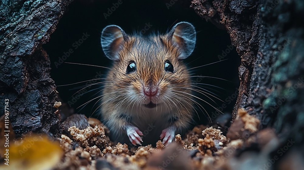 Tiny Curious Mouse Peeking Out From Hole in Wall with Scattered Crumbs Tiny Curious Mouse Peeking Out From Hole in Wall with Scattered Crumbs