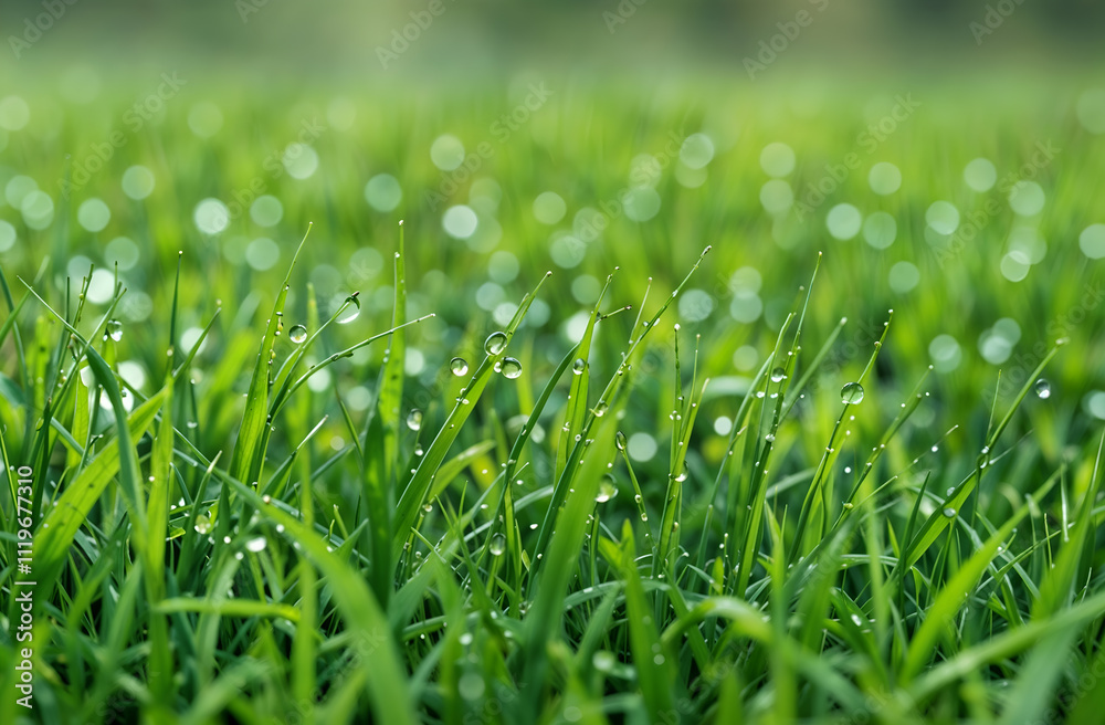 Dew-covered green grass in close-up, capturing the freshness of nature, ideal for natural and environmental themes. Dew-covered green grass in close-up, capturing the freshness of nature, ideal for natural and environmental themes.
