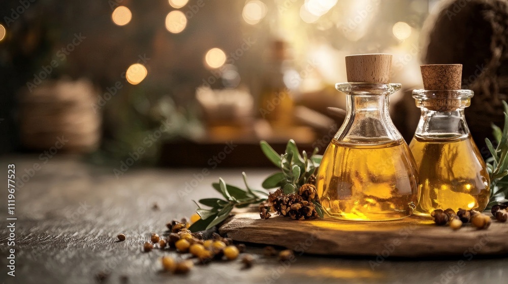 Rustic bottles of olive oil with herbs and bokeh background Rustic bottles of olive oil with herbs and bokeh background