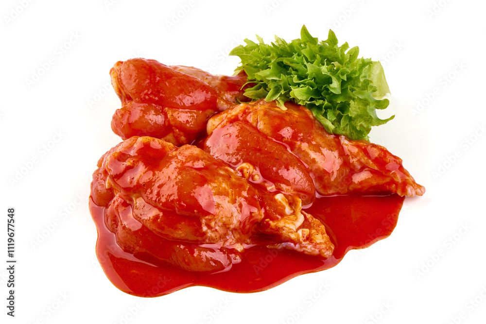 Marinated Buffalo chicken wings in red sauce with lettuce salad leaf, isolated on white background. Marinated Buffalo chicken wings in red sauce with lettuce salad leaf, isolated on white background.
