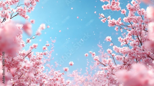 Spring Horizontal banner with sakura flowers. Beautiful nature season background with a branch of blooming cherry. Copy space for text, selective focus