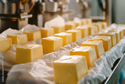 Neatly arranged butter blocks glow under industrial lights, with their rich yellow contrasting against the paper wraps.