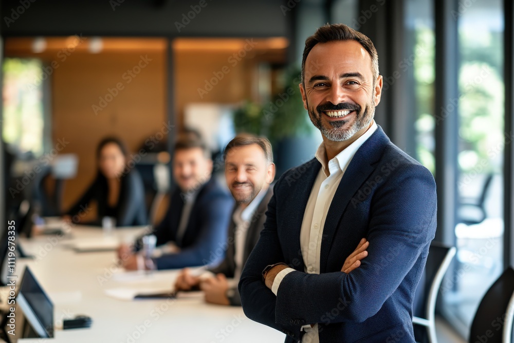 A suited man stands before a group of people in an office A suited man stands before a group of people in an office