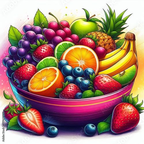 Fresh Fruits A vibrant illustration of fresh fruits such as stra photo