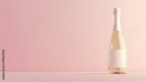 Sparkling wine bottle with blank label against a soft pink background creates a minimalist and elegant atmosphere for celebrations