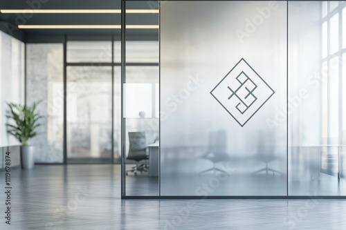 Frosted glass partition displaying a customizable logo inside a modern office space