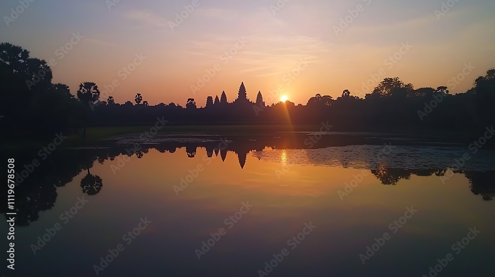 A beautiful sunset over a lake with a city in the background A beautiful sunset over a lake with a city in the background