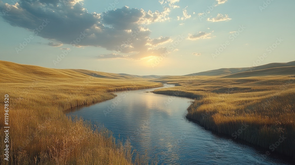 Serene sunset over a tranquil river flowing through golden fields. Serene sunset over a tranquil river flowing through golden fields.
