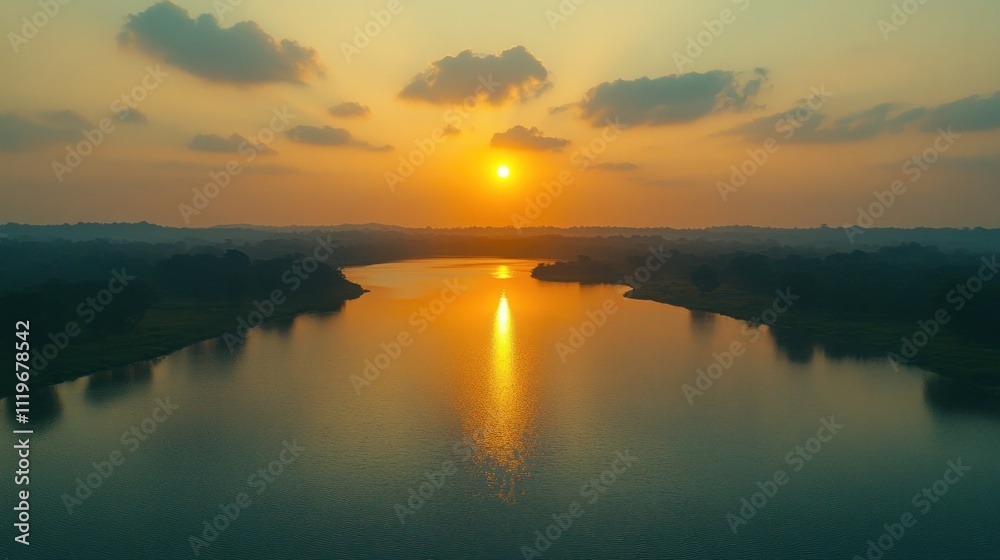 Serene sunset over calm lake. Serene sunset over calm lake.