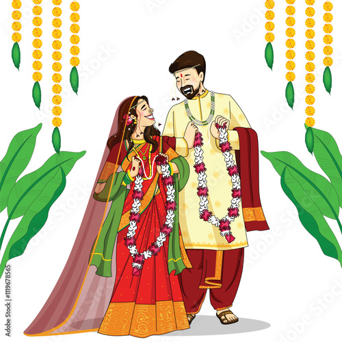 Indian Bride and Groom in ethnic saree and Sherwani for wedding Day. Vector illustration