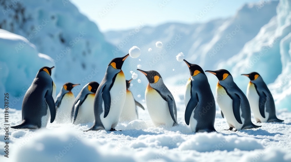 Obraz premium Penguins Snowball Fight in Icy Landscape