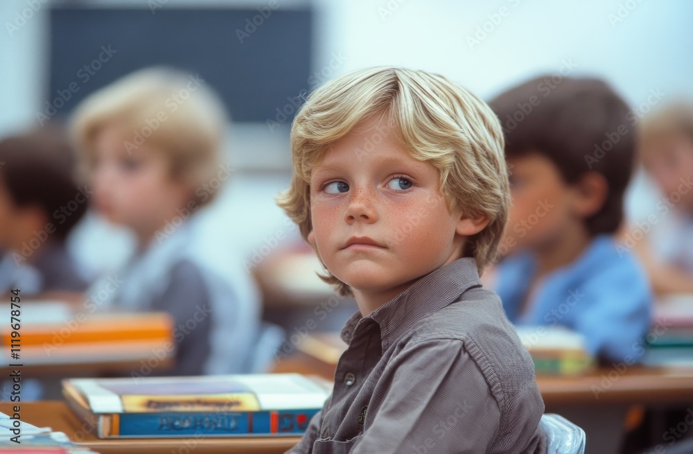 Fototapeta premium A group of cheerful children are sitting at their desks in a classroom