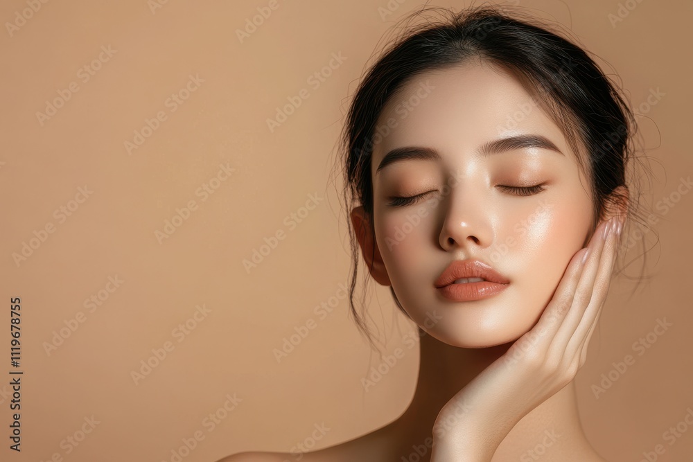 A close up of a womans face with eyes closed and hand on face A close up of a womans face with eyes closed and hand on face