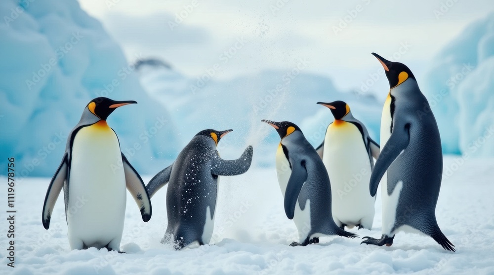 Fototapeta premium Penguins Snowball Fight in Icy Landscape