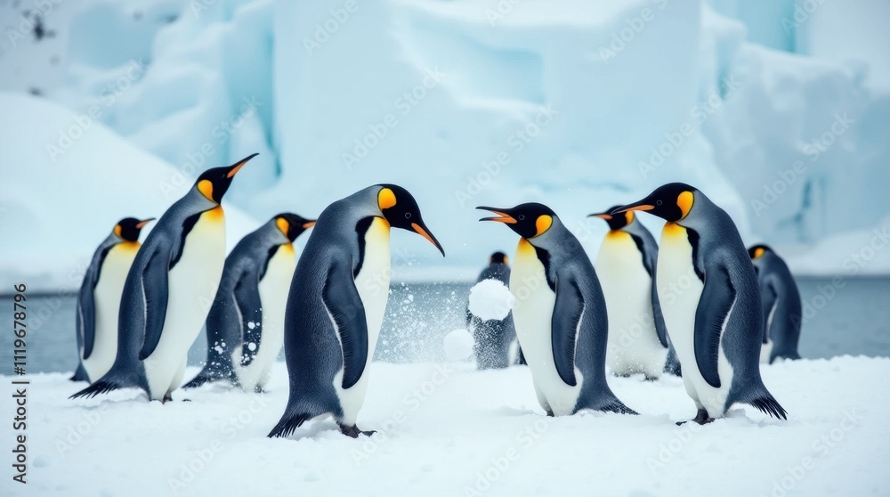Fototapeta premium Penguins Snowball Fight in Icy Landscape