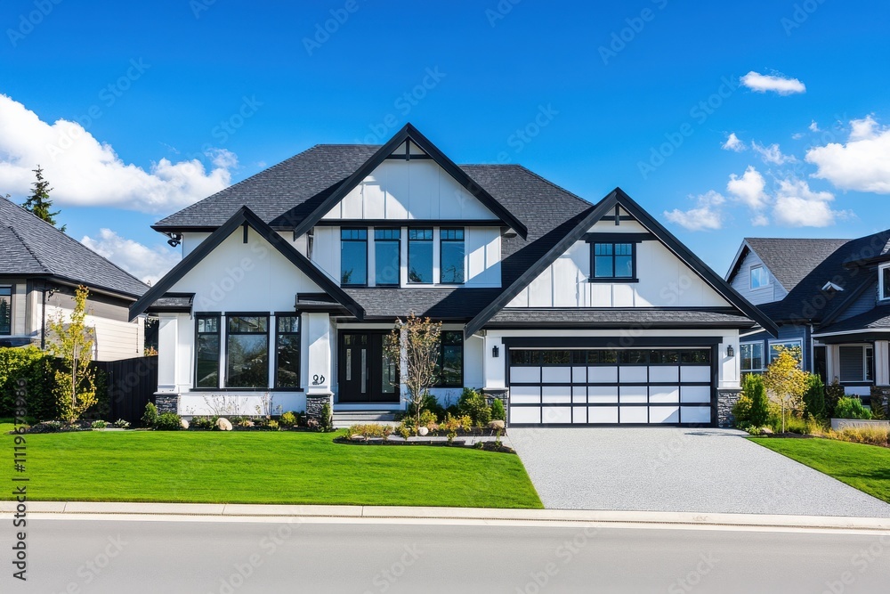 Modern farmhouse exterior white and black trim large windows, gabled roof Modern farmhouse exterior white and black trim large windows, gabled roof