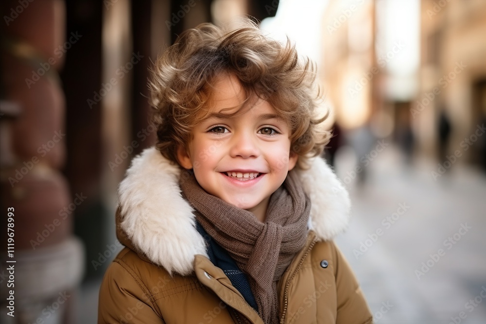 Portrait of a cute little boy in winter clothes on the street
