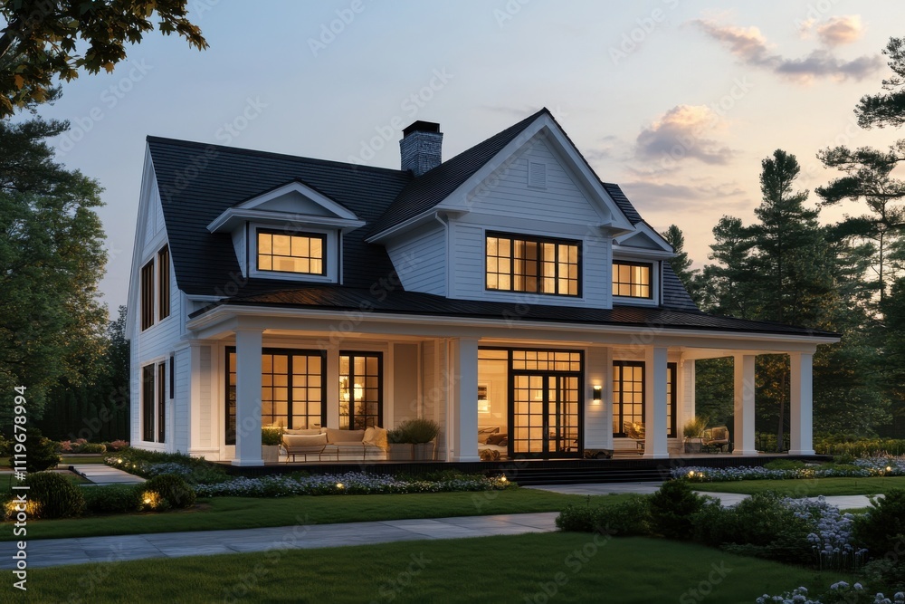 Modern farmhouse exterior twilight warm glowing windows Modern farmhouse exterior twilight warm glowing windows