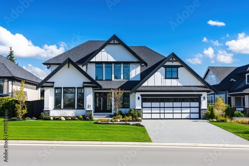 Modern farmhouse exterior white and black trim large windows, gabled roof