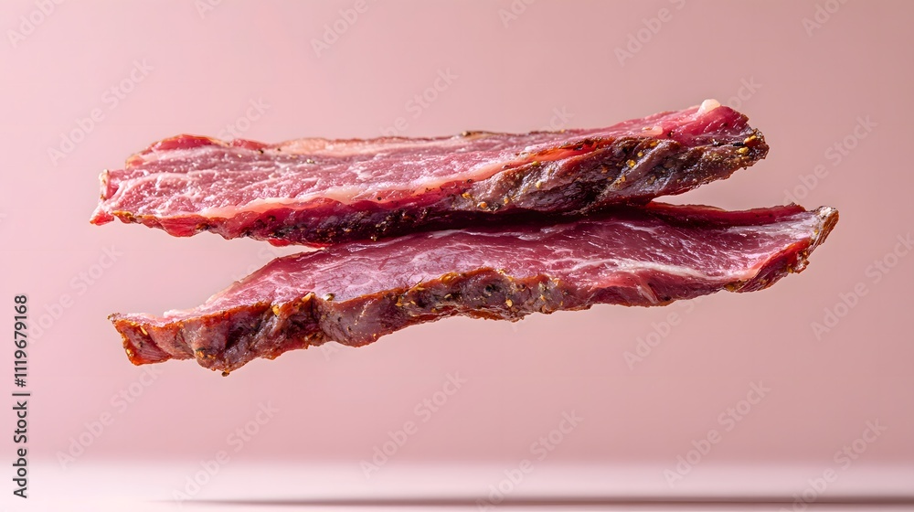Fototapeta premium Biltong showcases its rich, textured layers in this enticing image, highlighting the savory appeal of dried meat suspended against a soft pastel backdrop.