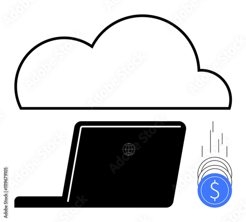 Cloud hovering above a laptop with blue coins falling, symbolizing financial transactions and cloud storage. Ideal for cloud computing, online transactions, digital finance, data storage, e-commerce