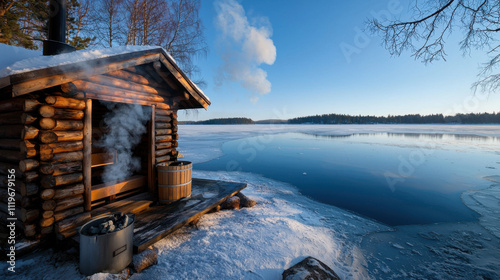 Vernacular, A serene winter scene featuring a rustic wooden sauna by a frozen lake, with steam rising against a clear blue sky.
