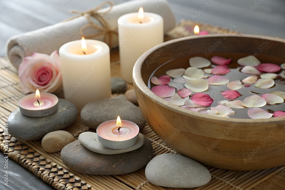 Creating a serene atmosphere with candles and a bowl of rose petals Creating a serene atmosphere with candles and a bowl of rose petals