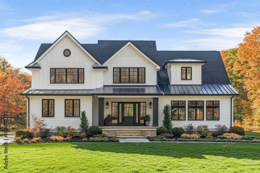 Modern farmhouse exterior white siding black roof large front porch symmetrical windows Modern farmhouse exterior white siding black roof large front porch symmetrical windows