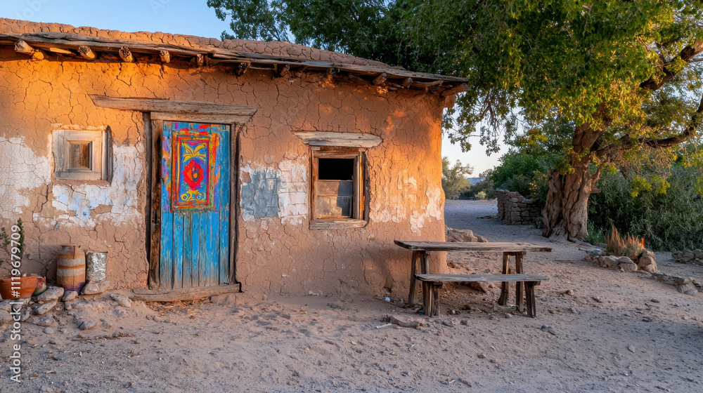 Vernacular, A rustic adobe house with a colorful door, a simple wooden table, and surrounding greenery, reflecting traditional architecture in a serene outdoor setting. Vernacular, A rustic adobe house with a colorful door, a simple wooden table, and surrounding greenery, reflecting traditional architecture in a serene outdoor setting.