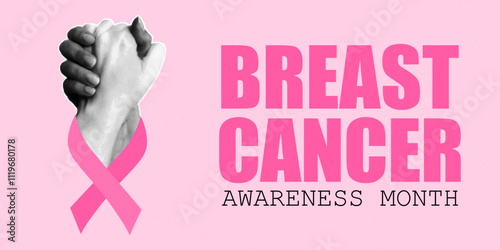 Halftone style banner, breast cancer awareness month. Paper cutouts, handshake. Pink ribbon, concept of hope and support.