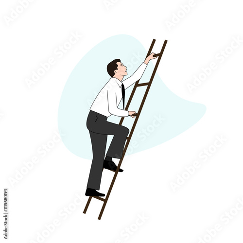 Business man in suit climbing the ladder to success. Business journey concept. Man moves up on career ladder. Vector illustration.
