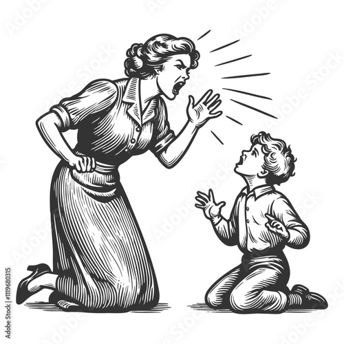 angry mother yelling at her young son, tense moment of discipline and frustration sketch engraving generative ai fictional character vector illustration. Scratch board imitation. Black and white image