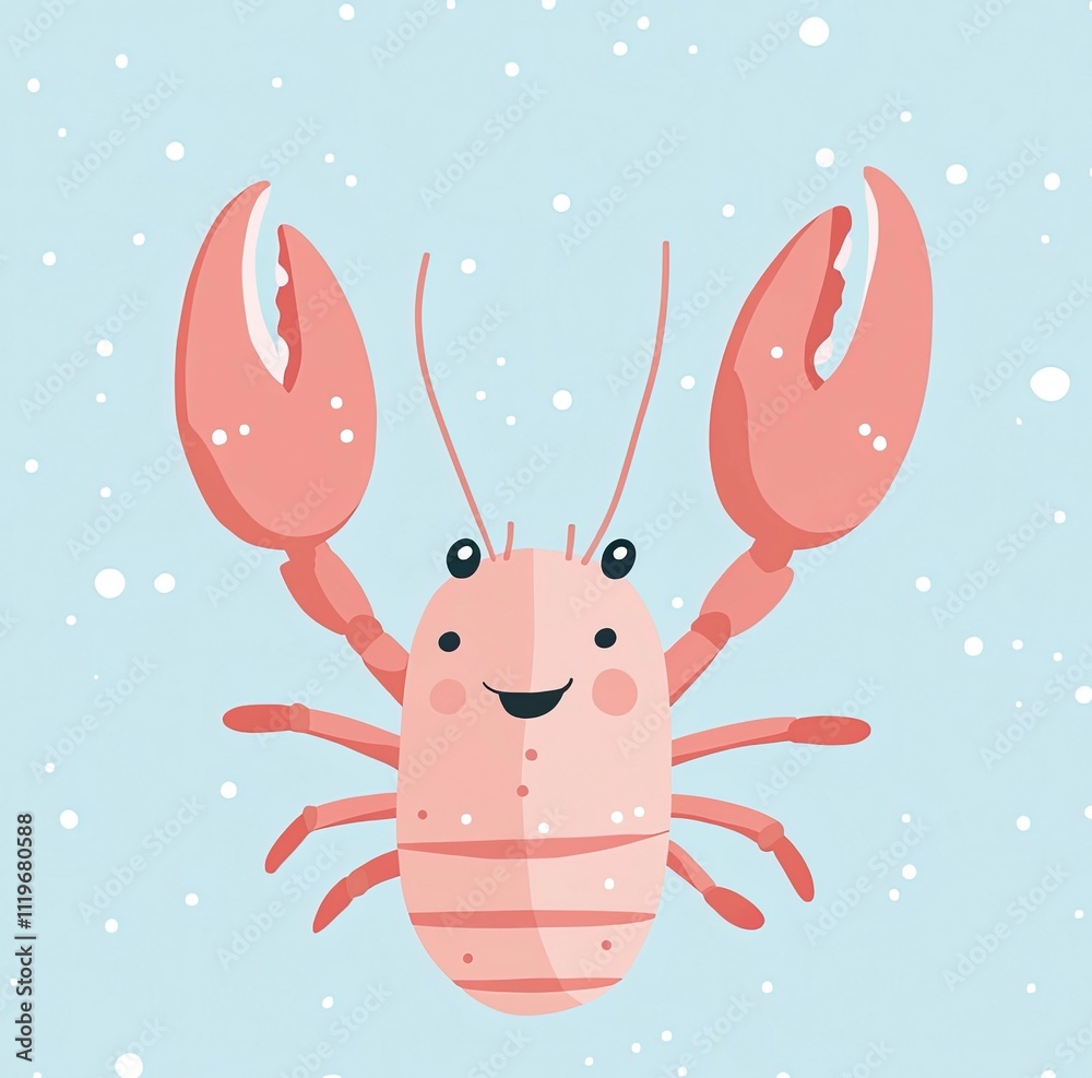 Cute cartoon lobster smiling against a light blue background with snowflakes falling gently Cute cartoon lobster smiling against a light blue background with snowflakes falling gently