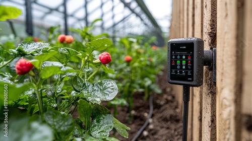 Smart irrigation system in action: A modern farm field with automated sprinklers controlled by a digital panel.