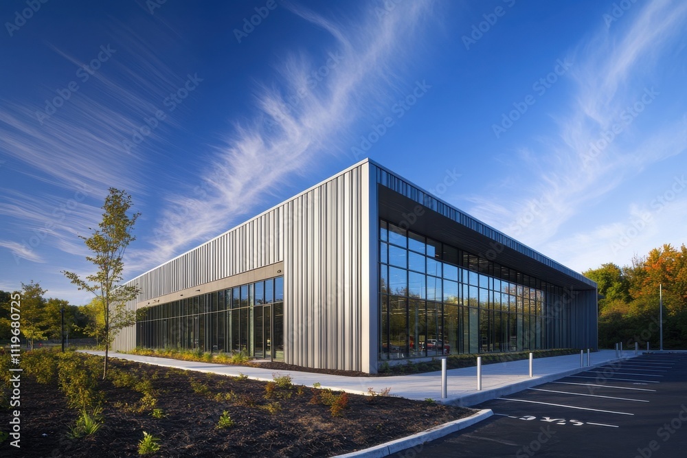 Obraz premium Modern industrial building corrugated metal siding large windows blue sky with wispy clouds